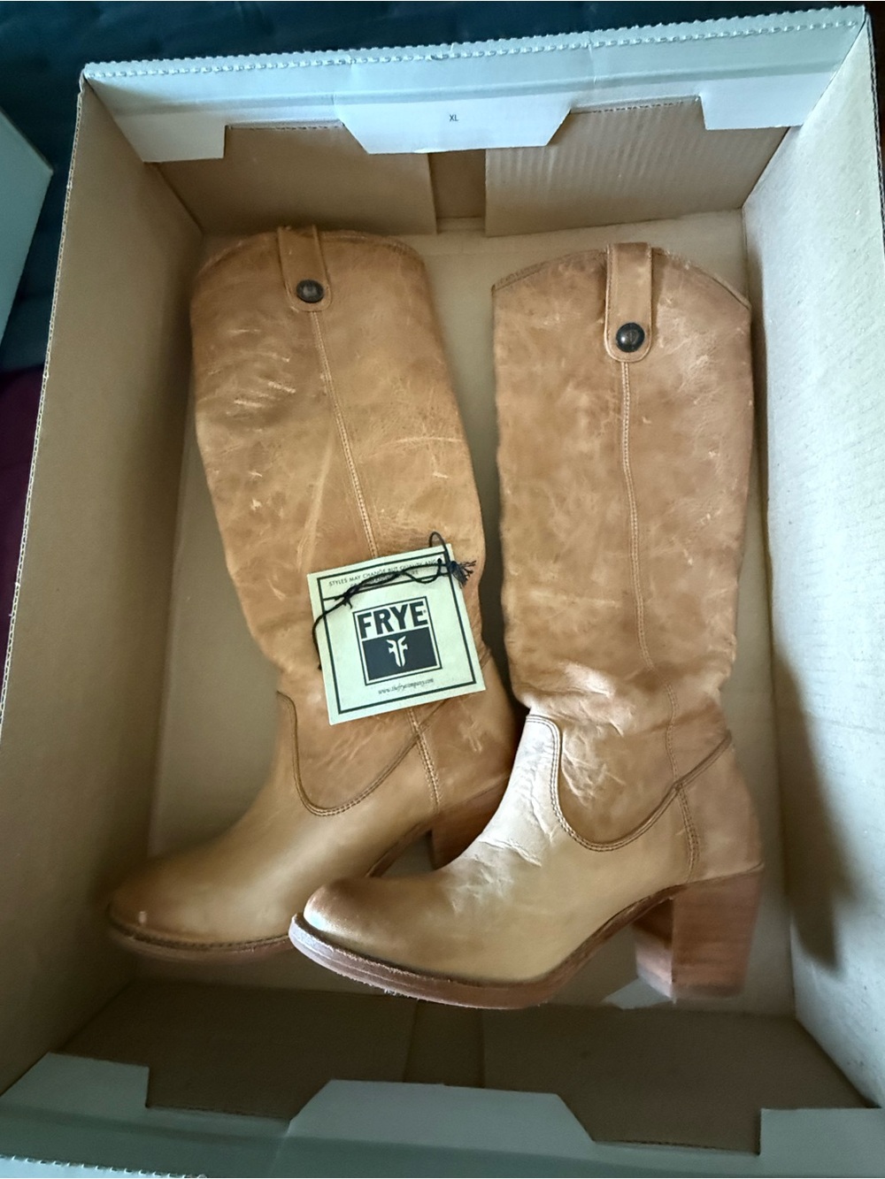 FRYE Tan Leather Mid-Calf Western-Style Heeled Boots